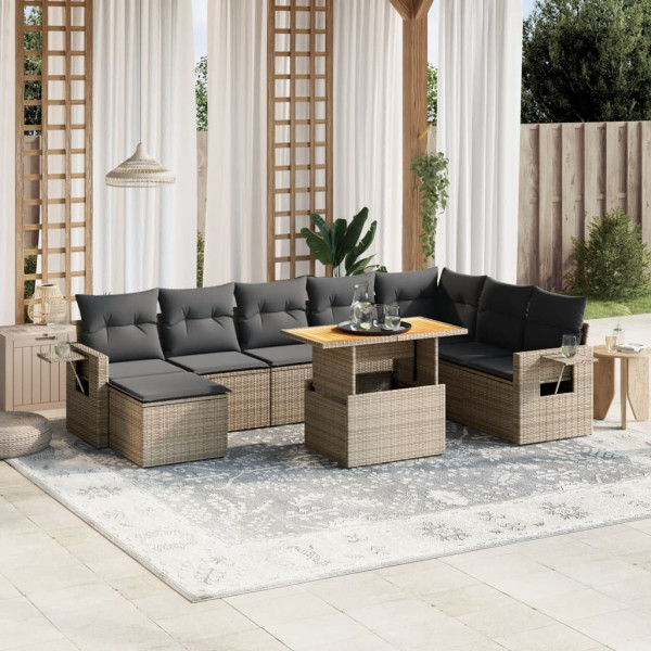 Set de muebles de jardín 9 pzas y cojines ratán sintético gris D