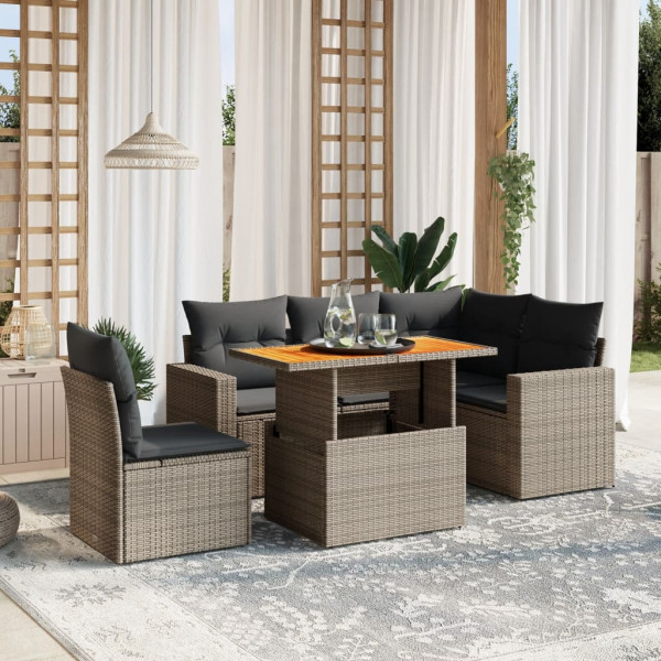 Set de muebles de jardín 6 pzas y cojines ratán sintético gris D