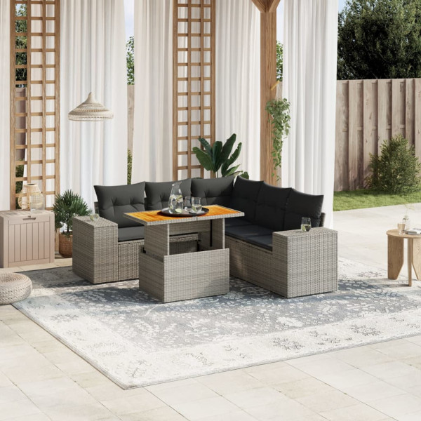 Set de muebles de jardín 6 pzas y cojines ratán sintético gris D