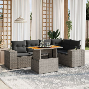 Set de muebles de jardín 6 pzas y cojines ratán sintético gris D