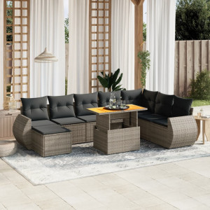 Set de muebles de jardín 9 pzas y cojines ratán sintético gris D