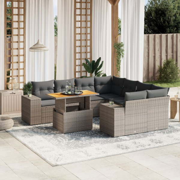 Set de muebles de jardín 9 pzas y cojines ratán sintético gris D