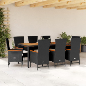 Set de comedor de jardín 9 pzas y cojines ratán sintético negro D