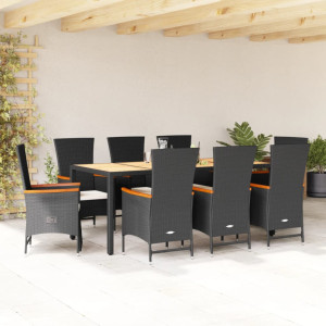 Set de comedor de jardín 9 pzas y cojines ratán sintético negro D