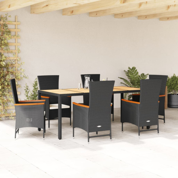 Set de comedor de jardín 7 pzas y cojines ratán sintético negro D