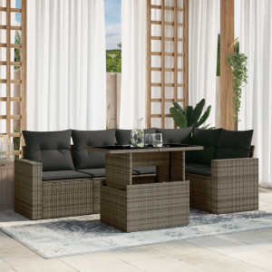 Set de muebles de jardín 6 pzas y cojines ratán sintético gris D