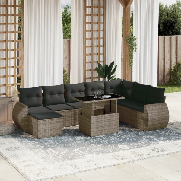 Set de muebles de jardín 9 pzas y cojines ratán sintético gris D