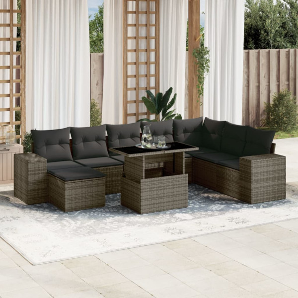 Set de muebles de jardín 9 pzas y cojines ratán sintético gris D