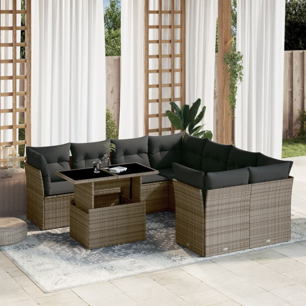 Set de muebles de jardín 9 pzas y cojines ratán sintético gris D