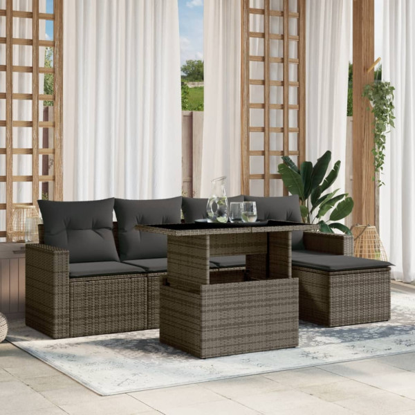 Set de muebles de jardín 6 pzas y cojines ratán sintético gris D