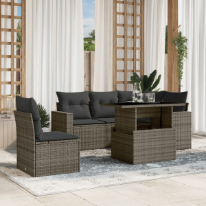 Set de muebles de jardín 6 pzas y cojines ratán sintético gris D