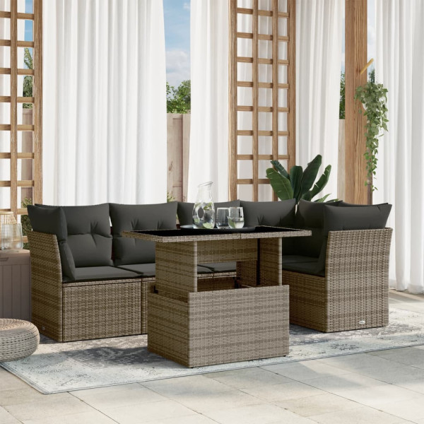 Set de muebles de jardín 6 pzas y cojines ratán sintético gris D