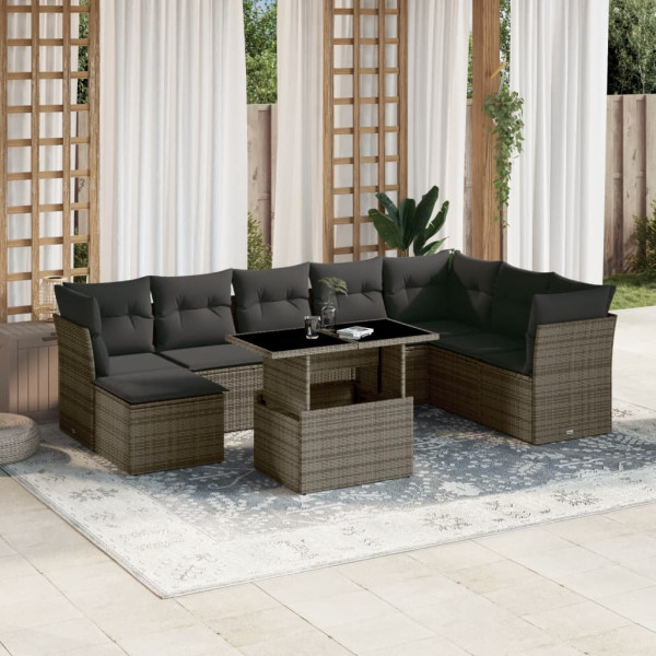 Set de muebles de jardín 9 pzas y cojines ratán sintético gris D