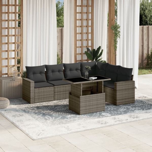 Set de sofás de jardín 7 pzas con cojines ratán sintético gris D