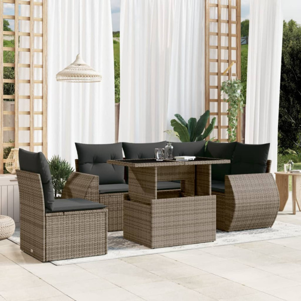 Set de muebles de jardín 6 pzas y cojines ratán sintético gris D