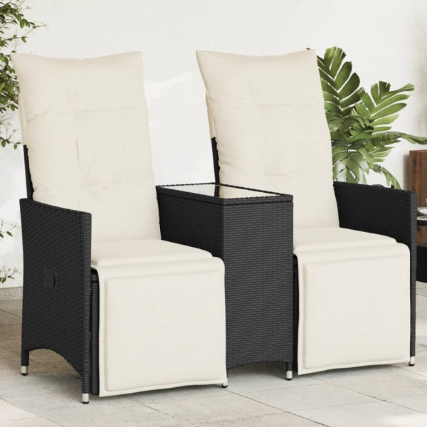 Sofá de jardín reclinable de 2 plazas con mesa ratán PE negro Sofá de jardín reclinable de 2 plazas con mesa ratán PE negro D