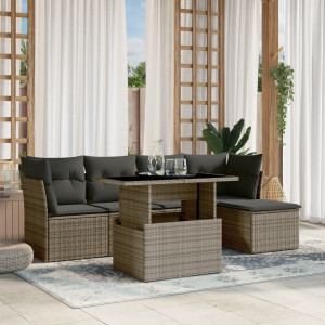 Set de muebles de jardín 6 pzas y cojines ratán sintético gris D