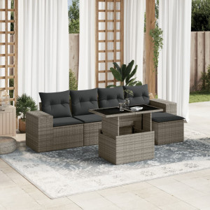 Set de muebles de jardín 6 pzas y cojines ratán sintético gris D