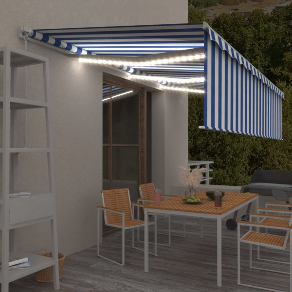 Toldo retráctil manual con persiana y LED azul y blanco 6x3 m D