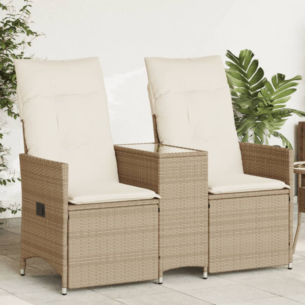 Sofá de jardín reclinable de 2 plazas con mesa ratán PE beige Sofá de jardín reclinable de 2 plazas con mesa ratán PE beige D