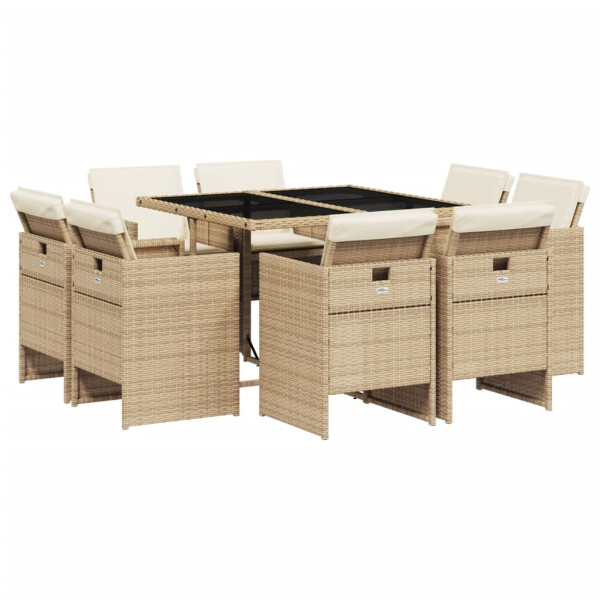 Set comedor de jardín 9 pzas con cojines ratán sintético beige Set comedor de jardín 9 pzas con cojines ratán sintético beige D