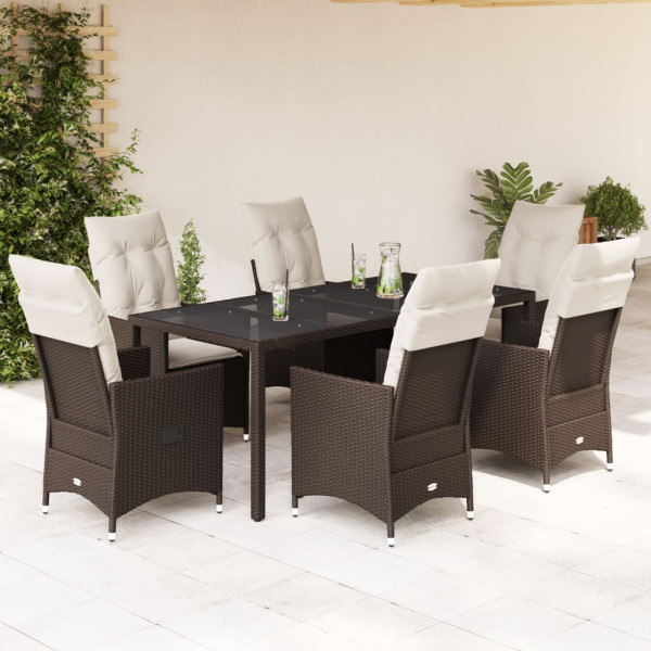 Set comedor de jardín 7 pzas con cojines ratán sintético marrón D