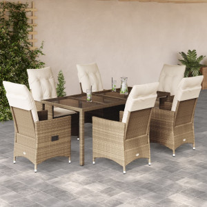 Set comedor de jardín 7 pzas con cojines ratán sintético beige D