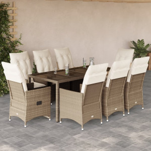 Set comedor de jardín 9 pzas con cojines ratán sintético beige D