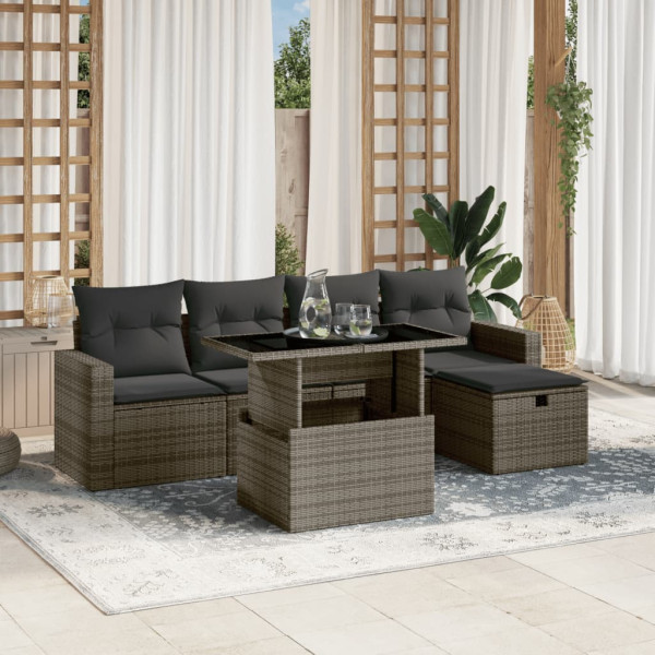 Set de muebles de jardín 6 pzas y cojines ratán sintético gris D