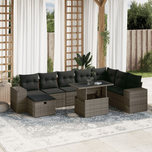 Set de muebles de jardín 9 pzas y cojines ratán sintético gris D