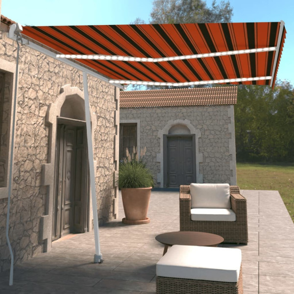Toldo retráctil manual con LED naranja y marrón 350x250 cm Toldo retráctil manual con LED naranja y marrón 350x250 cm D