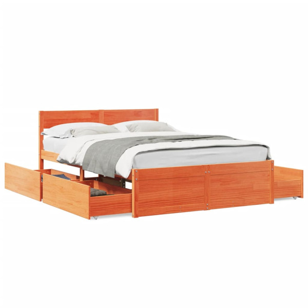 Estructura cama con cajones madera pino marrón cera 135x190 cm Estructura cama con cajones madera pino marrón cera 135x190 cm D