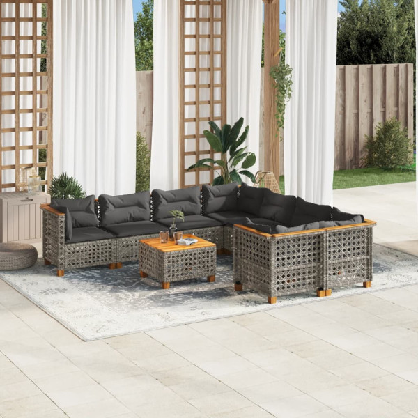 Set de muebles de jardín 9 pzas y cojines ratán sintético gris D