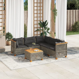 Set de muebles de jardín 6 pzas y cojines ratán sintético gris D