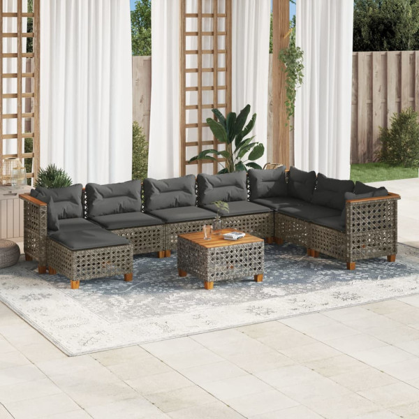 Set de muebles de jardín 9 pzas y cojines ratán sintético gris D