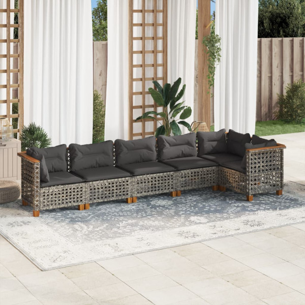 Set de muebles de jardín 6 pzas y cojines ratán sintético gris D