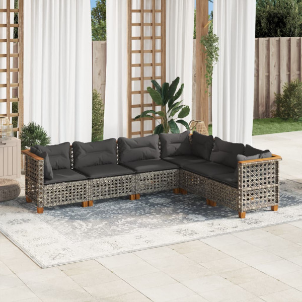 Set de muebles de jardín 6 pzas y cojines ratán sintético gris D