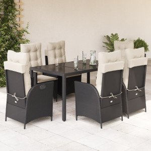 Set de comedor de jardín 7 pzas y cojines ratán sintético negro D