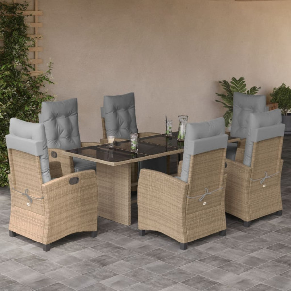 Set Jardim de jantar 7 pessoas com almofadas ratão sintético beige D