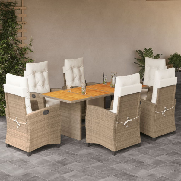 Set comedor de jardín 7 pzas con cojines ratán sintético beige D