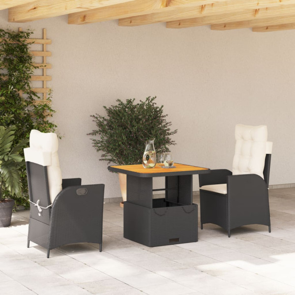 Set comedor de jardín 3 pzas con cojines ratán sintético negro D