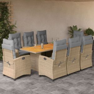 Set comedor de jardín 9 pzas con cojines ratán sintético beige D