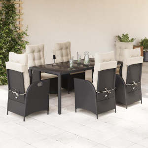 Set de comedor de jardín 7 pzas y cojines ratán sintético negro D