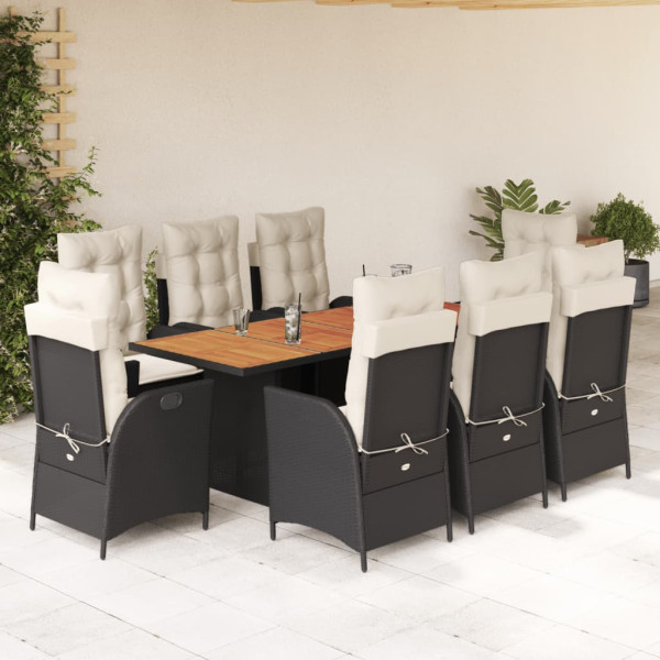 Set de comedor de jardín 9 pzas y cojines ratán sintético negro D