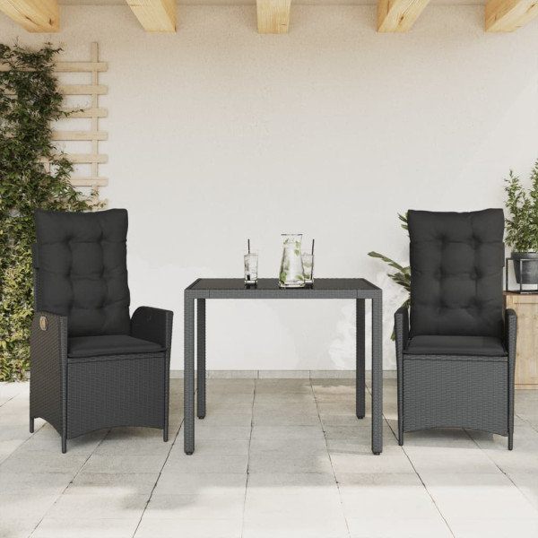 Set comedor de jardín 3 pzas con cojines ratán sintético negro D