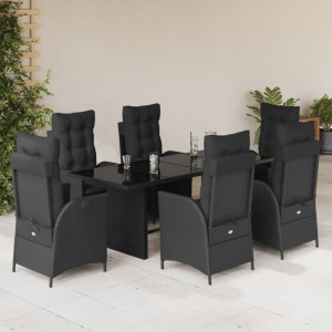 Set de comedor de jardín 7 pzas y cojines ratán sintético negro D