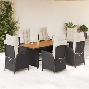 Set de comedor de jardín 7 pzas y cojines ratán sintético negro D