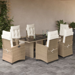 Set comedor de jardín 7 pzas con cojines ratán sintético beige D