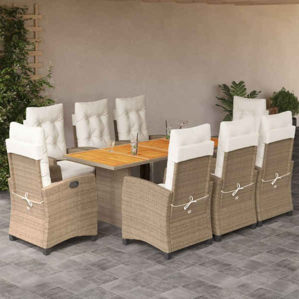 Set comedor de jardín 9 pzas con cojines ratán sintético beige D