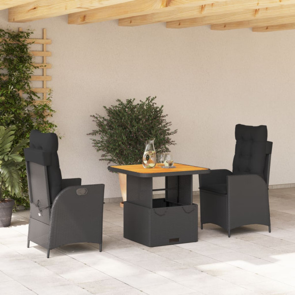 Set comedor de jardín 3 pzas con cojines ratán sintético negro D